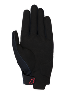Gants Honda Reef V2, vue de la paume, suède synthétique noir avec renfort rembourré, logo Alpinestars rouge sur la sangle de poignet auto-agrippante, manchette courte pour la moto