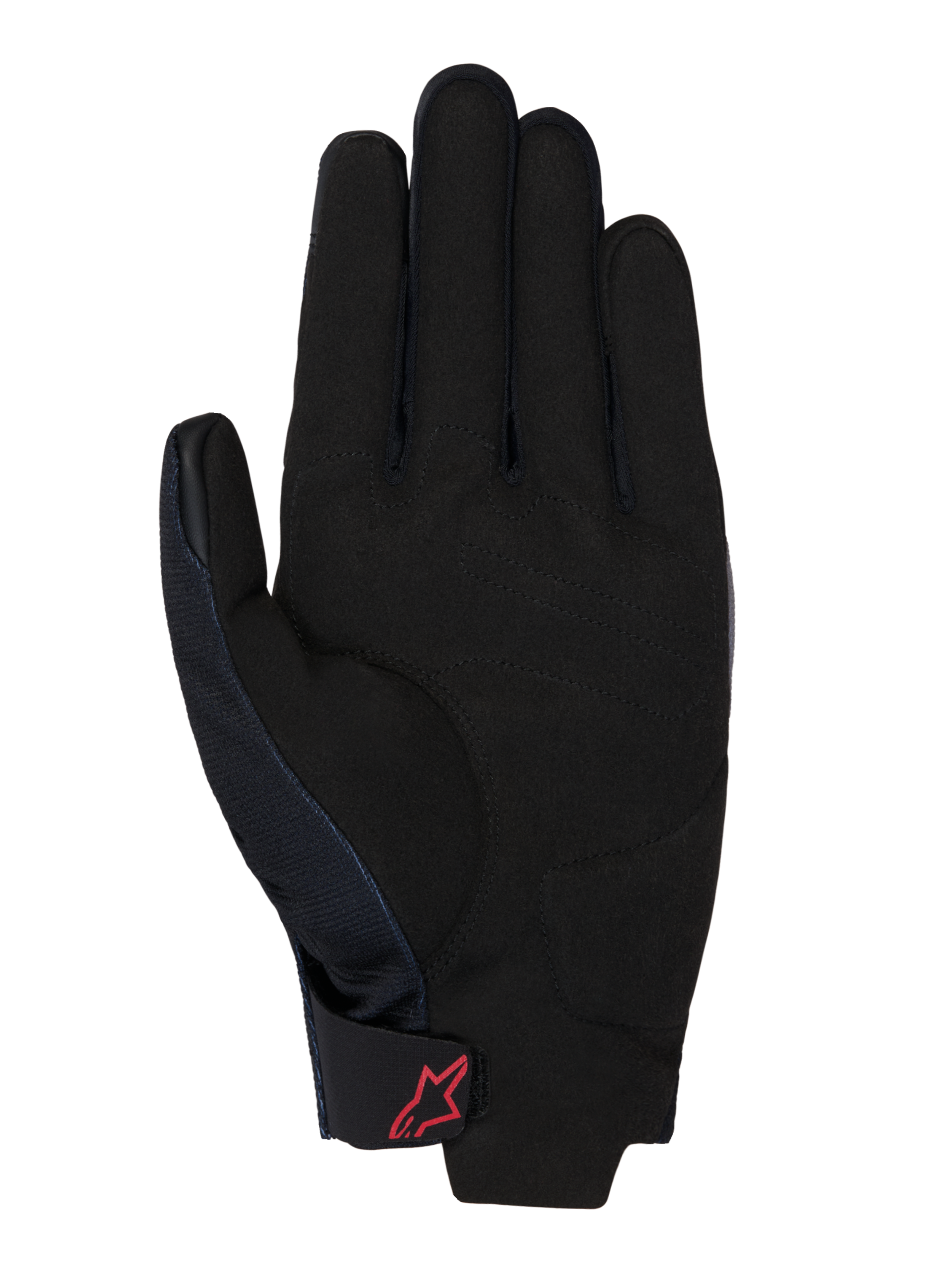 Gants Honda Reef V2, vue de la paume, suède synthétique noir avec renfort rembourré, logo Alpinestars rouge sur la sangle de poignet auto-agrippante, manchette courte pour la moto