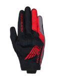 Gants Alpinestars Honda Reef V2, gants de moto, noirs avec accents rouge vif et gris foncé, avec logo ailé Honda rouge et marquage Alpinestars, construction en textile respirant avec protection des articulations intégrée, design à manchette courte