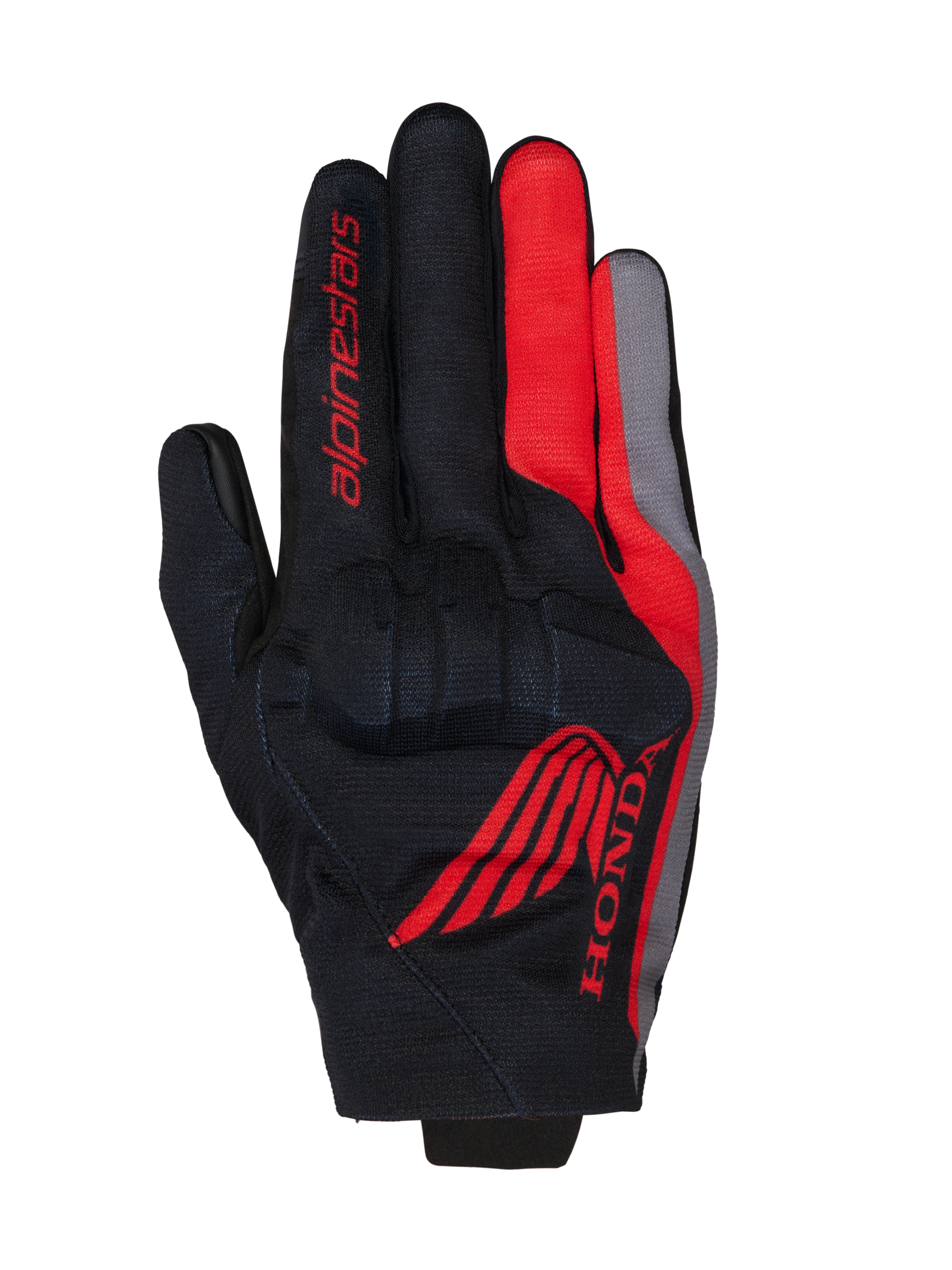 Gants Alpinestars Honda Reef V2, gants de moto, noirs avec accents rouge vif et gris foncé, avec logo ailé Honda rouge et marquage Alpinestars, construction en textile respirant avec protection des articulations intégrée, design à manchette courte
