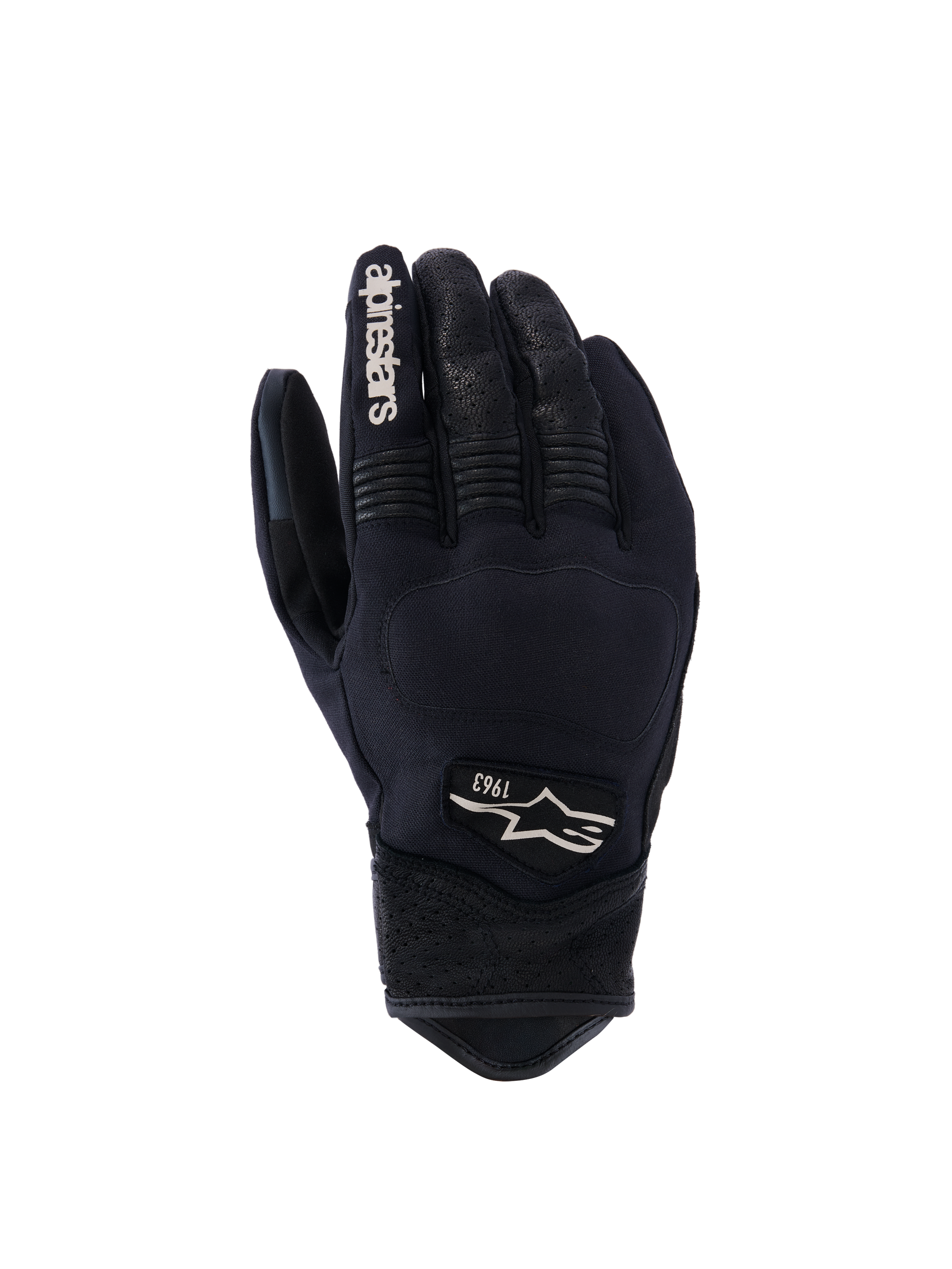 Alpinestars Tracker Gloves, gants de moto noirs avec logo blanc 1963, jointures renforcées, coutures détaillées, zone du poignet texturée, design ajusté pour protection et flexibilité