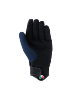 Gants Alpinestars Tracker, vue de la paume, bleu foncé et noir, dotés d'une paume en suède synthétique renforcée, manchette courte avec fermeture crochet et boucle, et petit logo tricolore, équipement de moto urbain