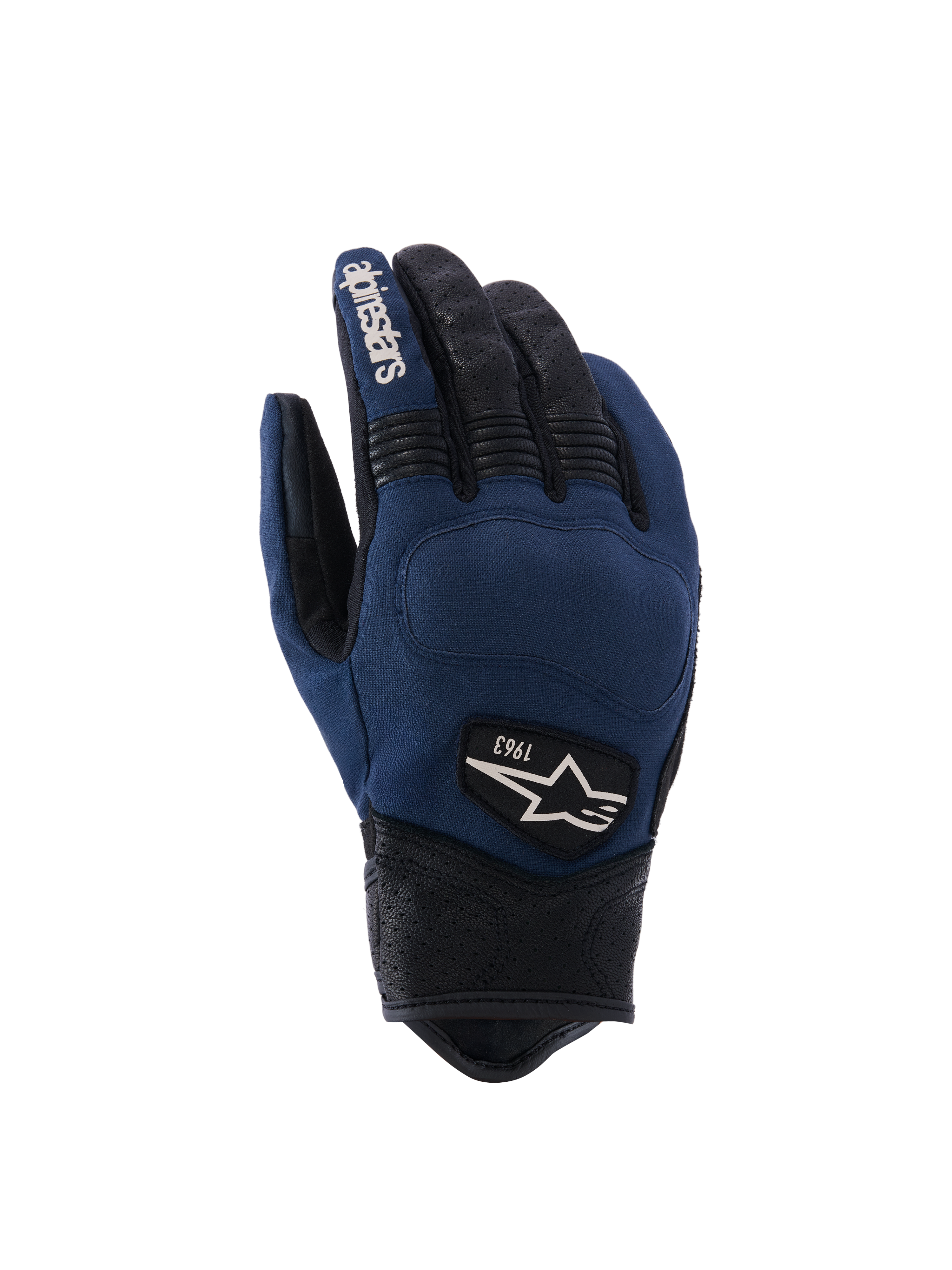 Gants Alpinestars Tracker, gants de moto urbains, bleu foncé et noir, dos en textile avec doigts et manchette en cuir perforé, inserts extensibles en accordéon, écusson logo héritage 1963, style inspiré du vêtement de travail