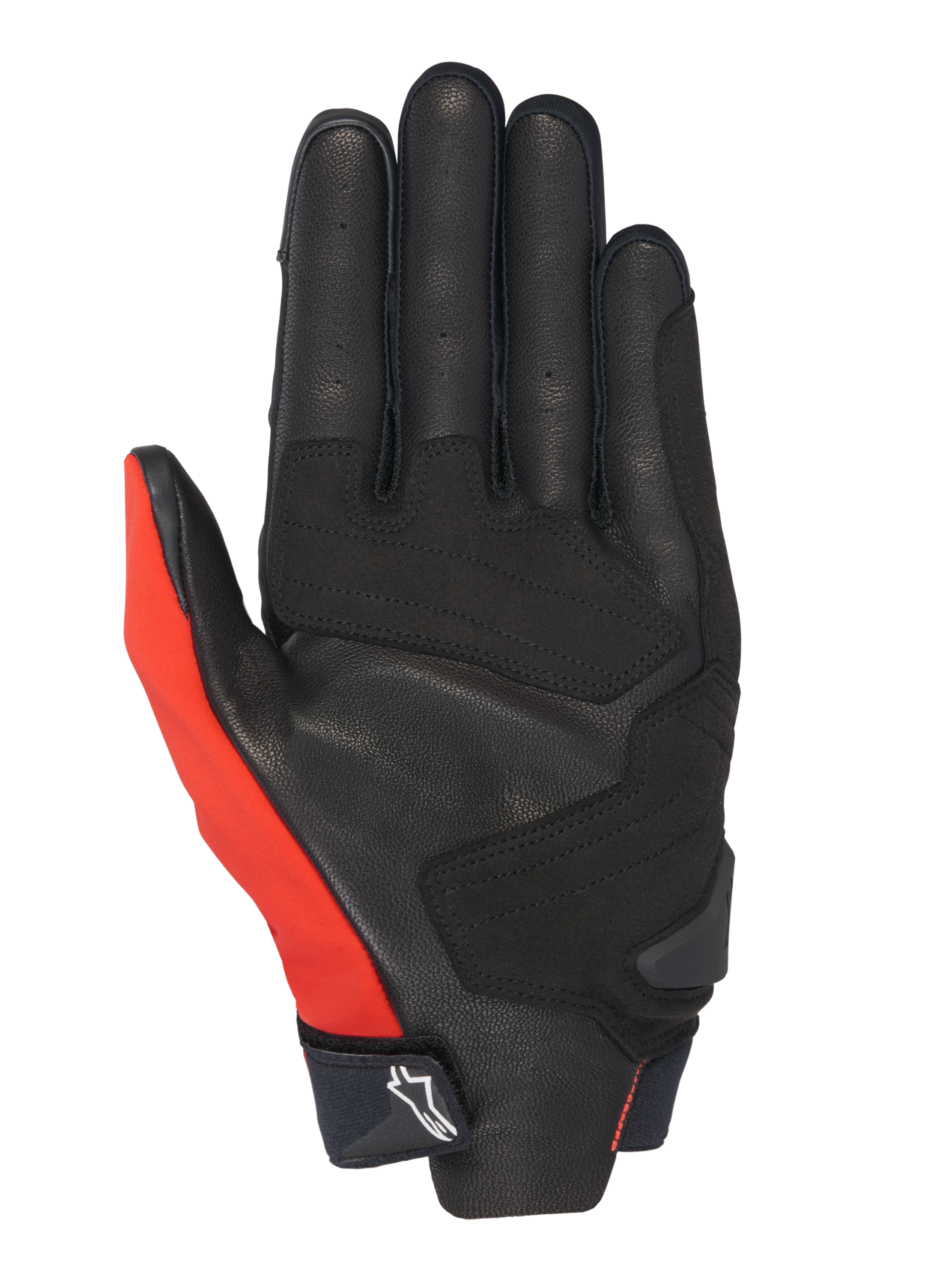 Alpinestars Honda SP X 3 Gloves, Motorcycle Gloves, Bright Red Black and White, palm view featuring perforated leather construction with synthetic reinforcements, a bright red thumb panel, and a compact cuff with an Alpinestars logo.