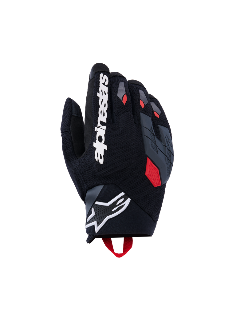 Alpinestars Durack, gants de moto noirs avec logo blanc, accents rouges sur les doigts et sangle, protections grises sur les articulations, design texturé pour adhérence et performance