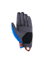 Gants Alpinestars Durack, gants de moto d'aventure, bleu royal et gris foncé, vue de la paume présentant une construction en suède synthétique gris, rembourrage de renfort noir à la base, patte de poignet rouge et boucle de tirage orange.