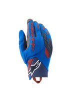 Gants Alpinestars Durack, gants de moto d'aventure, bleu roi et gris foncé, dos en textile avec protection des articulations en TPR, logo Alpinestars rouge sur l'index, logo étoile blanc au poignet, protection légère pour le dual sport en été