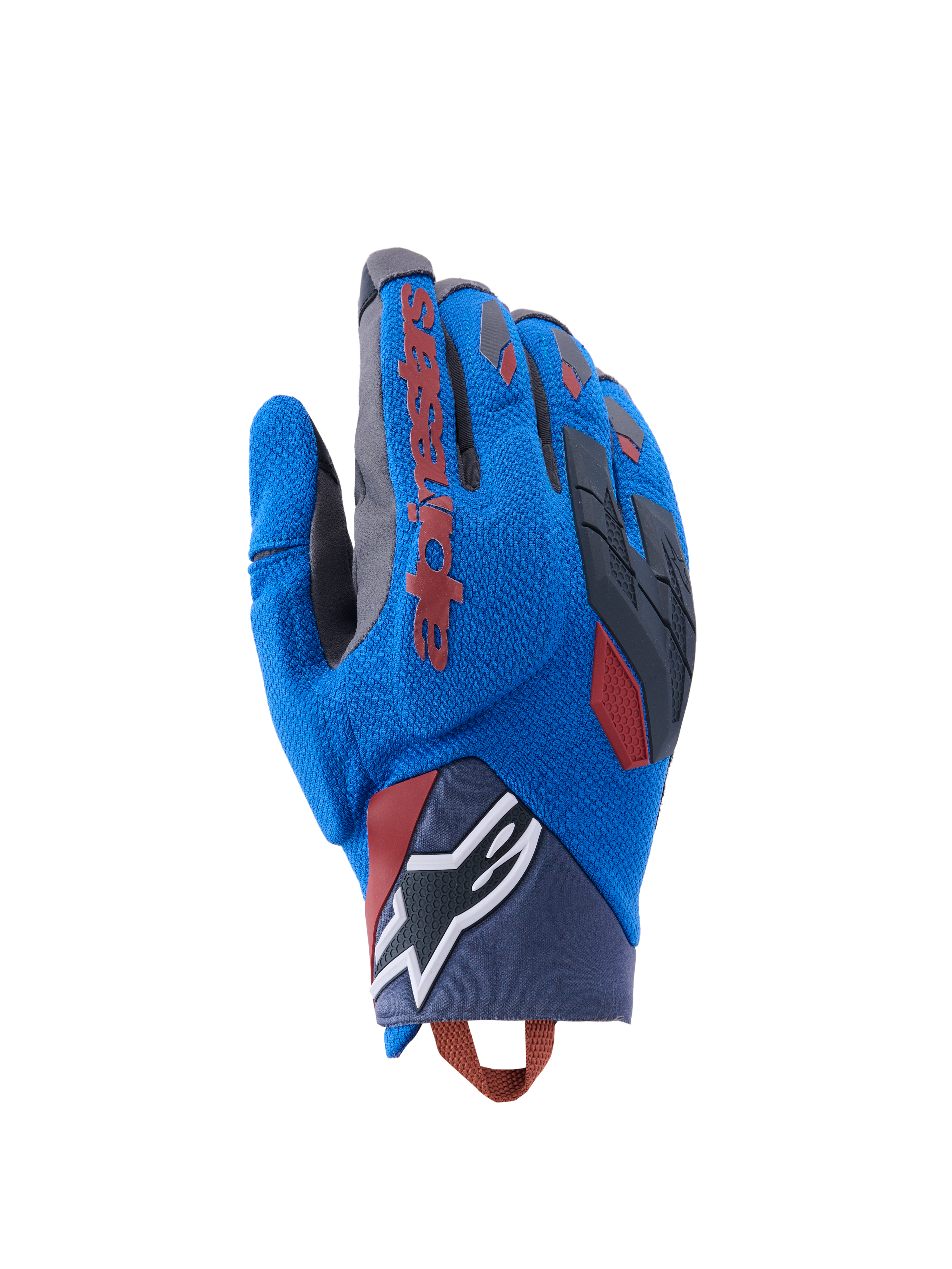 Gants Alpinestars Durack, gants de moto d'aventure, bleu roi et gris foncé, dos en textile avec protection des articulations en TPR, logo Alpinestars rouge sur l'index, logo étoile blanc au poignet, protection légère pour le dual sport en été