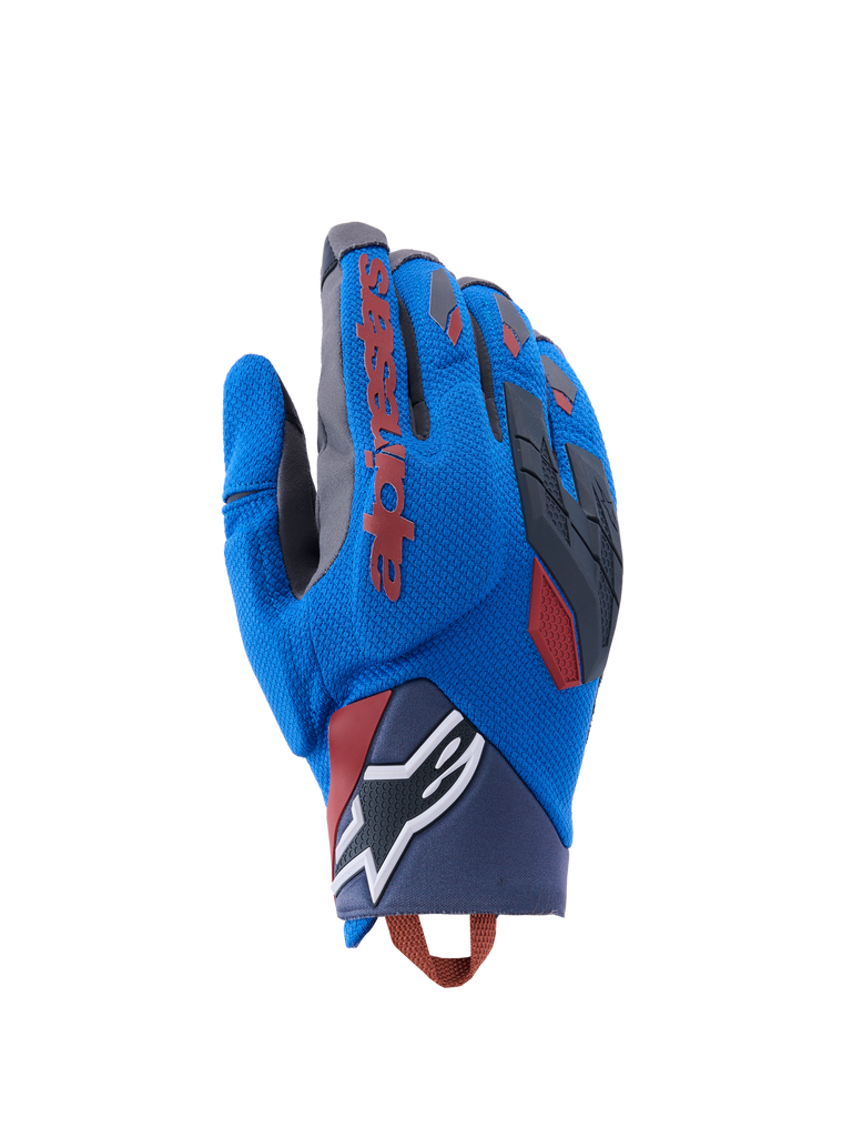 Alpinestars Durack Gloves, gants de VTT pour homme, bleus avec détails rouges et noirs, logo blanc au poignet, surface texturée avec zones grises, patches en caoutchouc sur les doigts, sangle de réglage au poignet