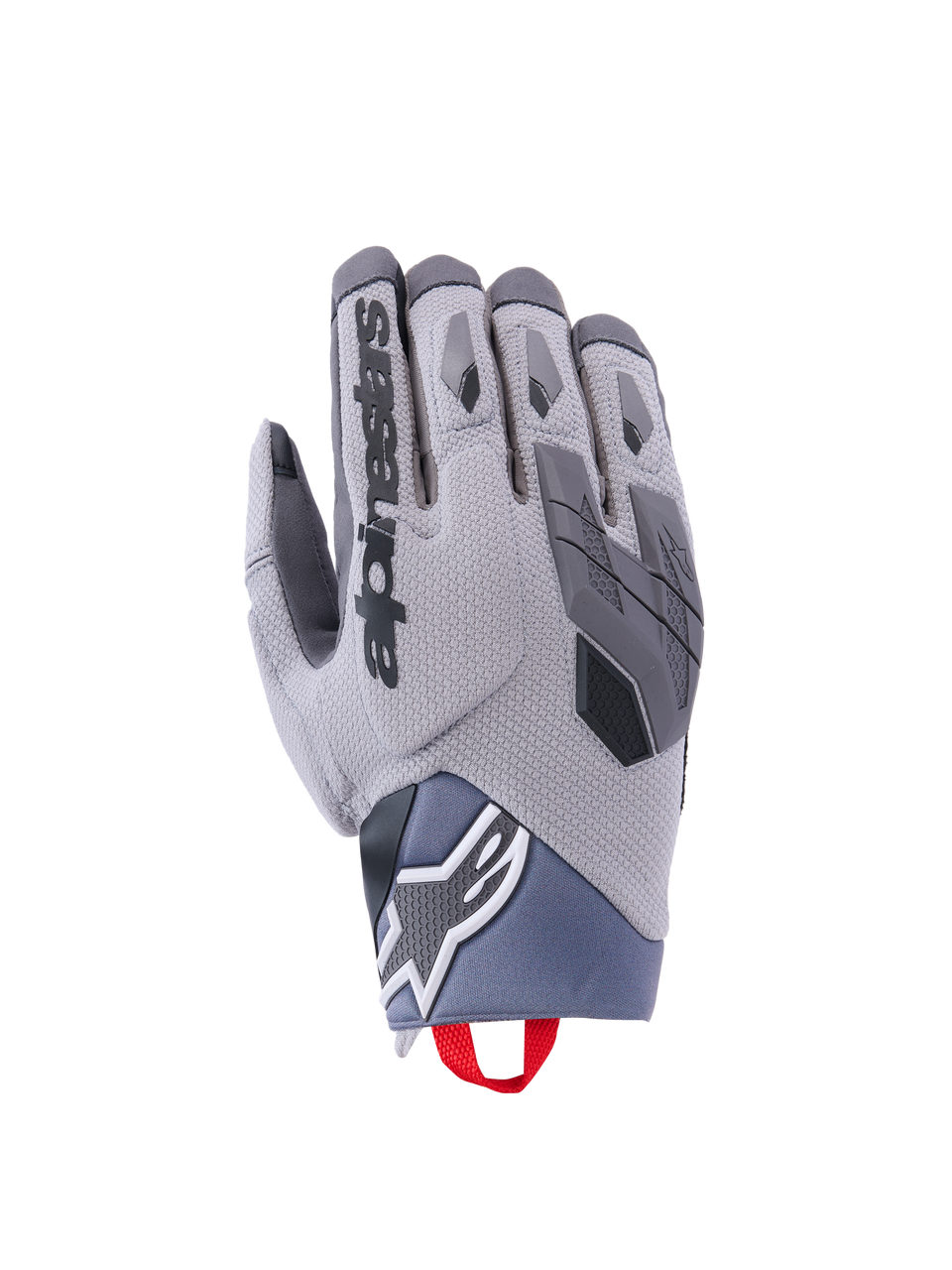 Alpinestars Durack Gloves, gants de moto, gris foncé et gris moyen, dos en spandex texturé, protection des articulations en TPR, logo Alpinestars au poignet, languette rouge, équipement d'aventure moderne