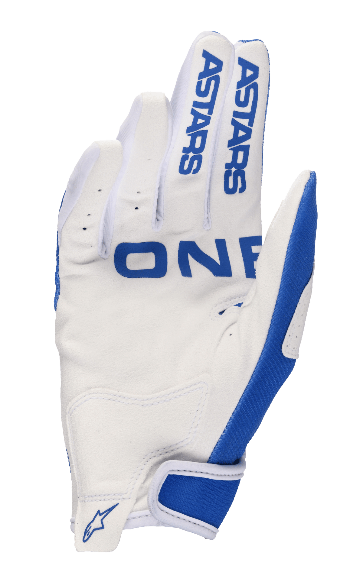 Gants Alpinestars Radar 2023, gants de motocross, bleu Ucla et blanc, vue de la paume en daim synthétique blanc avec accents bleus, marquage ASTARS sur les doigts, paume perforée pour la respirabilité et sangle velcro au poignet.