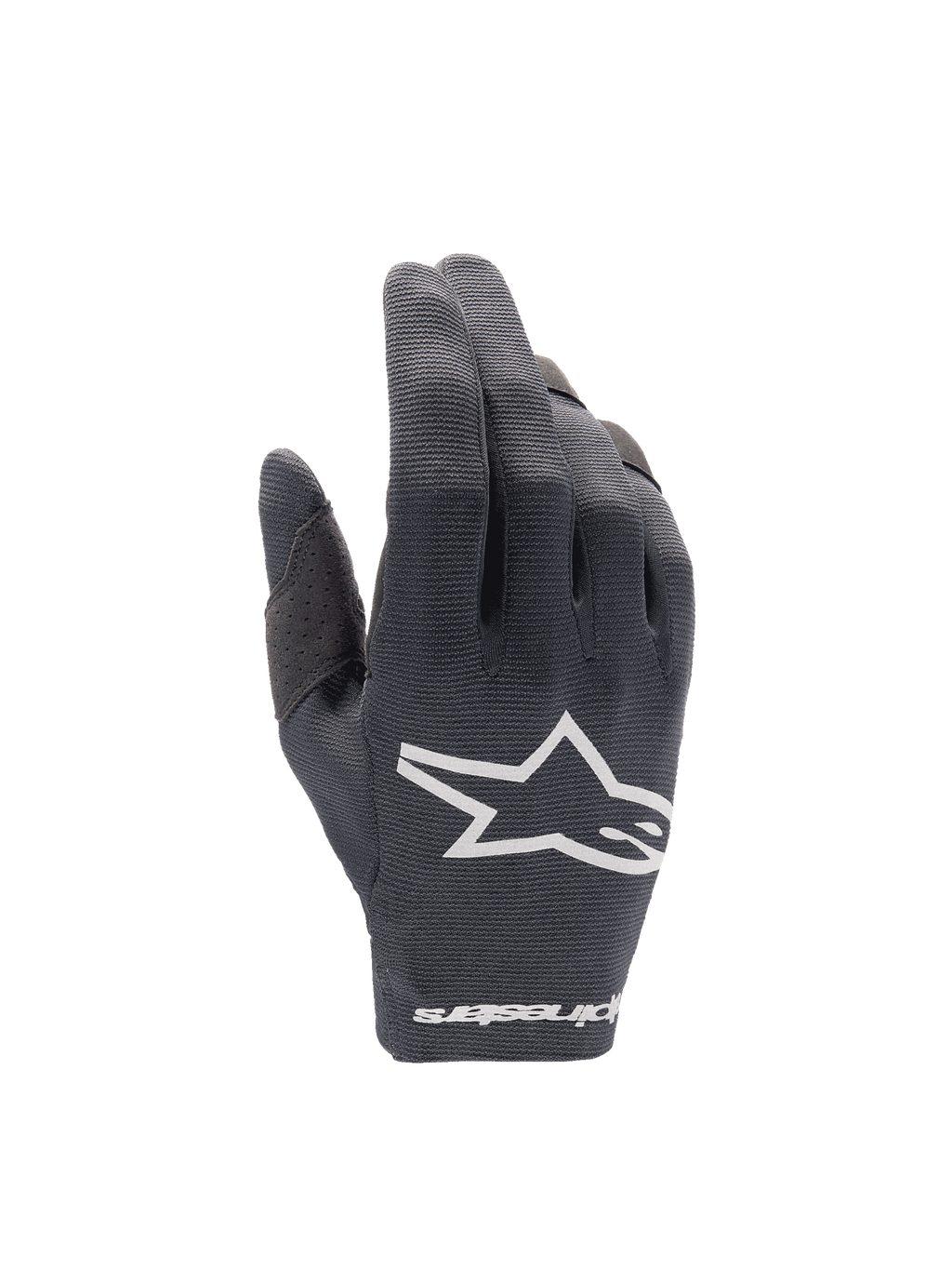 Alpinestars gants Radar 2025, gants de motocross pour homme, noirs et blancs, dos de la main en textile extensible avec logo blanc.