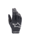 Alpinestars gants Radar 2025, gants de motocross pour homme, noirs et blancs, dos de la main en textile extensible avec logo blanc.