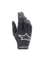 Alpinestars gants Radar 2025, gants de motocross pour homme, noirs et blancs, dos de la main en textile extensible avec logo blanc.