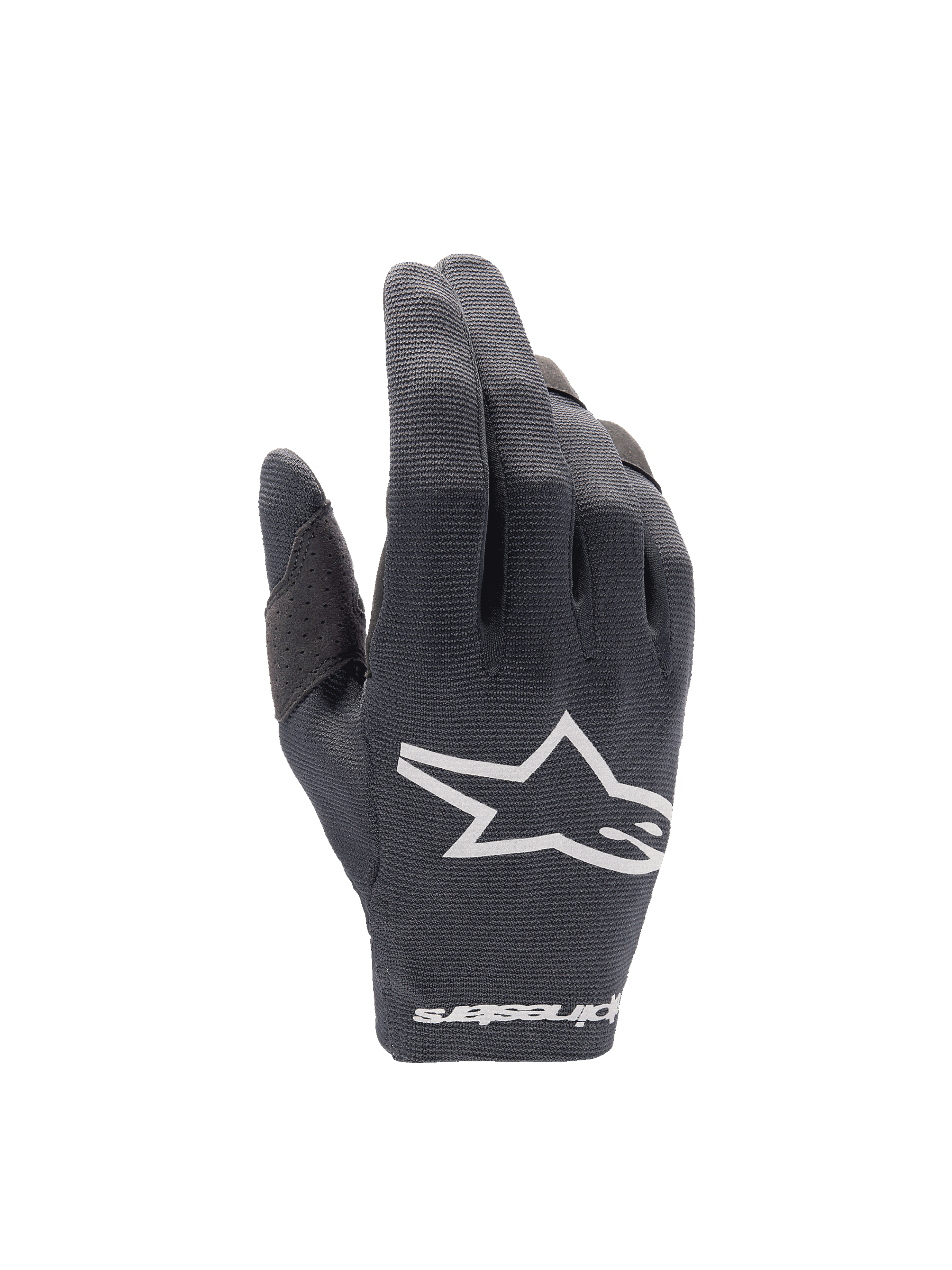 Alpinestars gants Radar 2025, gants de motocross pour homme, noirs et blancs, dos de la main en textile extensible avec logo blanc.