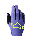 Alpinestars 2026 Radar Gloves, Motocross Gloves, Purple and Yellow Fluo, backhand view featuring a prominent yellow Alpinestars star logo, black finger gussets, and lightweight stretch textile construction for off-road racing