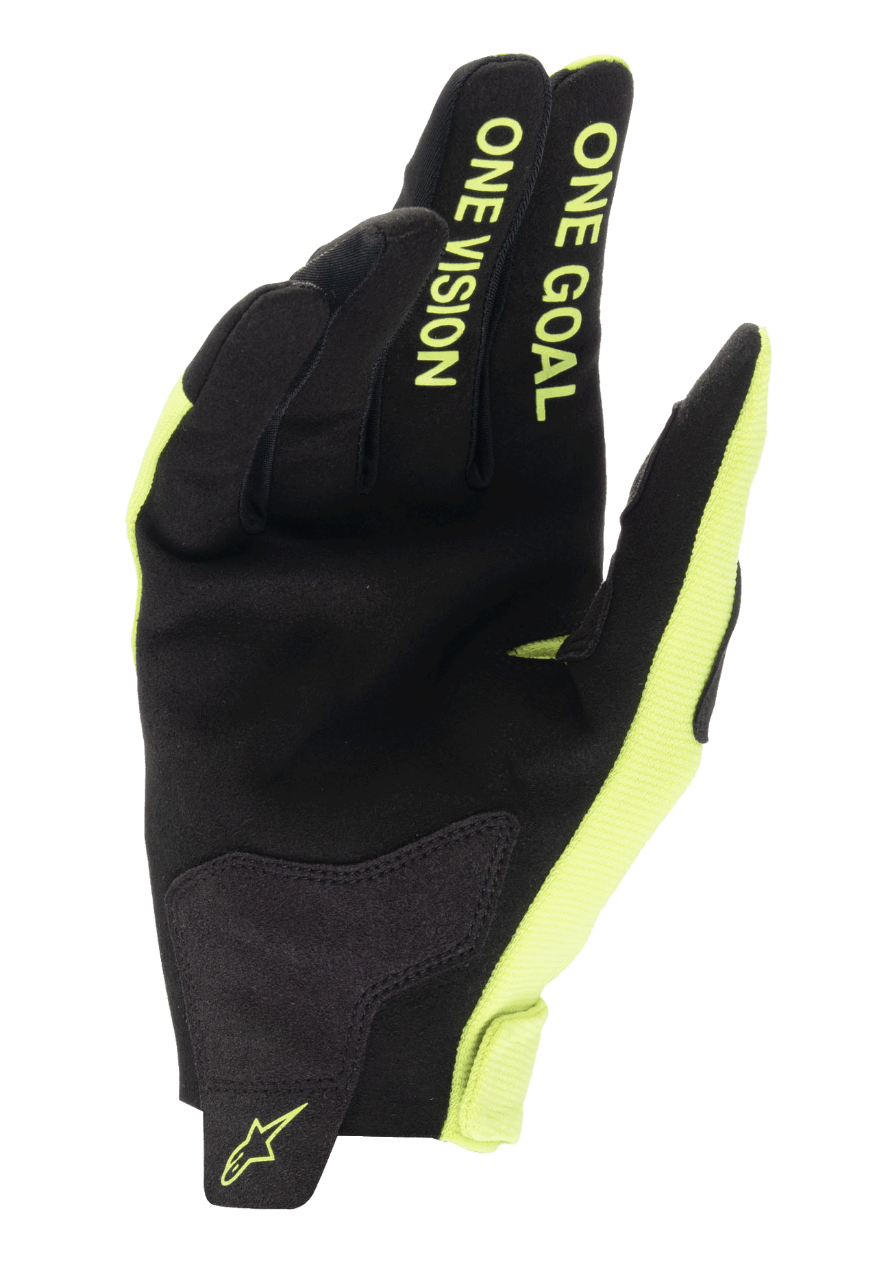Gants Alpinestars Radar 2025, gants de motocross pour homme, noirs et jaunes fluo, paume en daim synthétique avec inscription One Goal One Vision sur les doigts, équipement de protection technique pour le tout-terrain