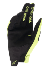 Gants Alpinestars Radar 2025, gants de motocross pour homme, noirs et jaunes fluo, paume en daim synthétique avec inscription One Goal One Vision sur les doigts, équipement de protection technique pour le tout-terrain
