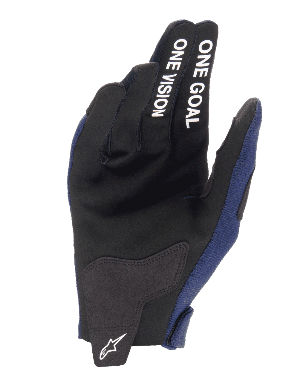 Alpinestars 2025 Radar Gloves, Motocross Gloves, Night Navy and White, palm view featuring synthetic suede reinforcements and 'ONE GOAL ONE VISION' white text on the fingers, white Alpinestars logo on the closure tab