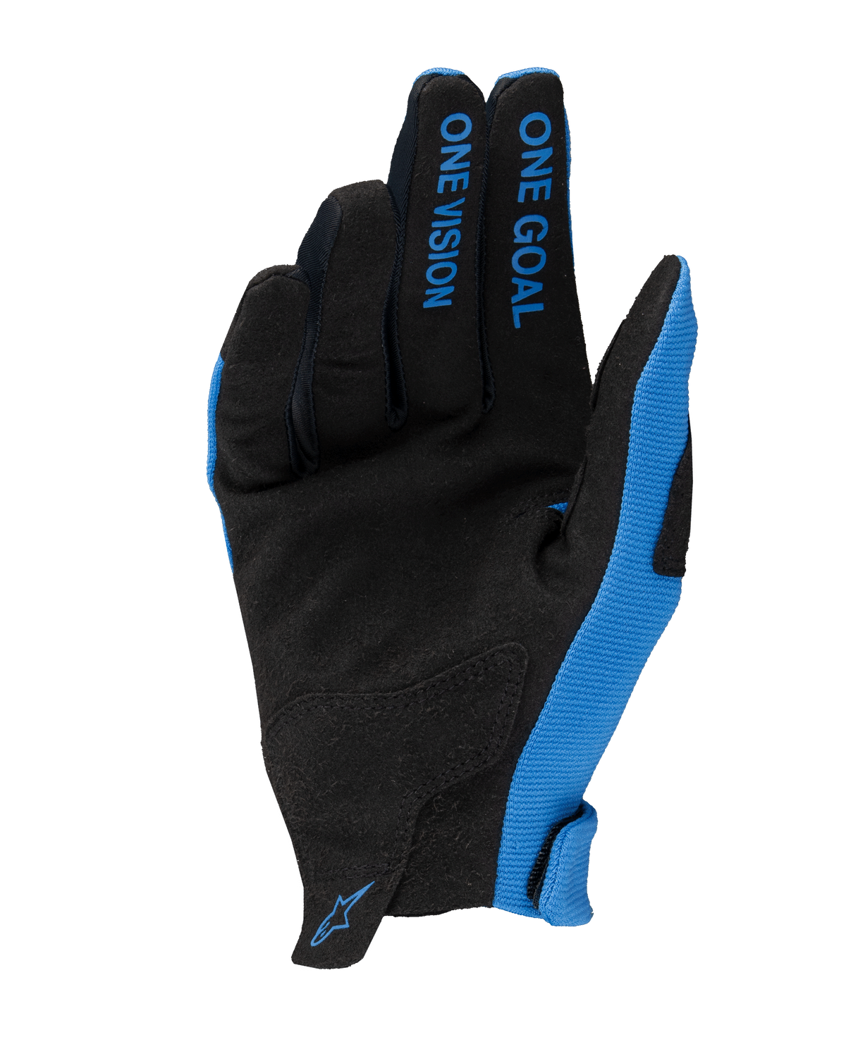 Gants Radar 2025 Alpinestars, gants de motocross, bleu et noir, vue de la paume en daim synthétique, texte 'ONE GOAL ONE VISION' sur les doigts, panneaux latéraux bleus et petit logo au poignet, design léger pour la course tout-terrain