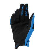 Gants Radar 2025 Alpinestars, gants de motocross, bleu et noir, vue de la paume en daim synthétique, texte 'ONE GOAL ONE VISION' sur les doigts, panneaux latéraux bleus et petit logo au poignet, design léger pour la course tout-terrain