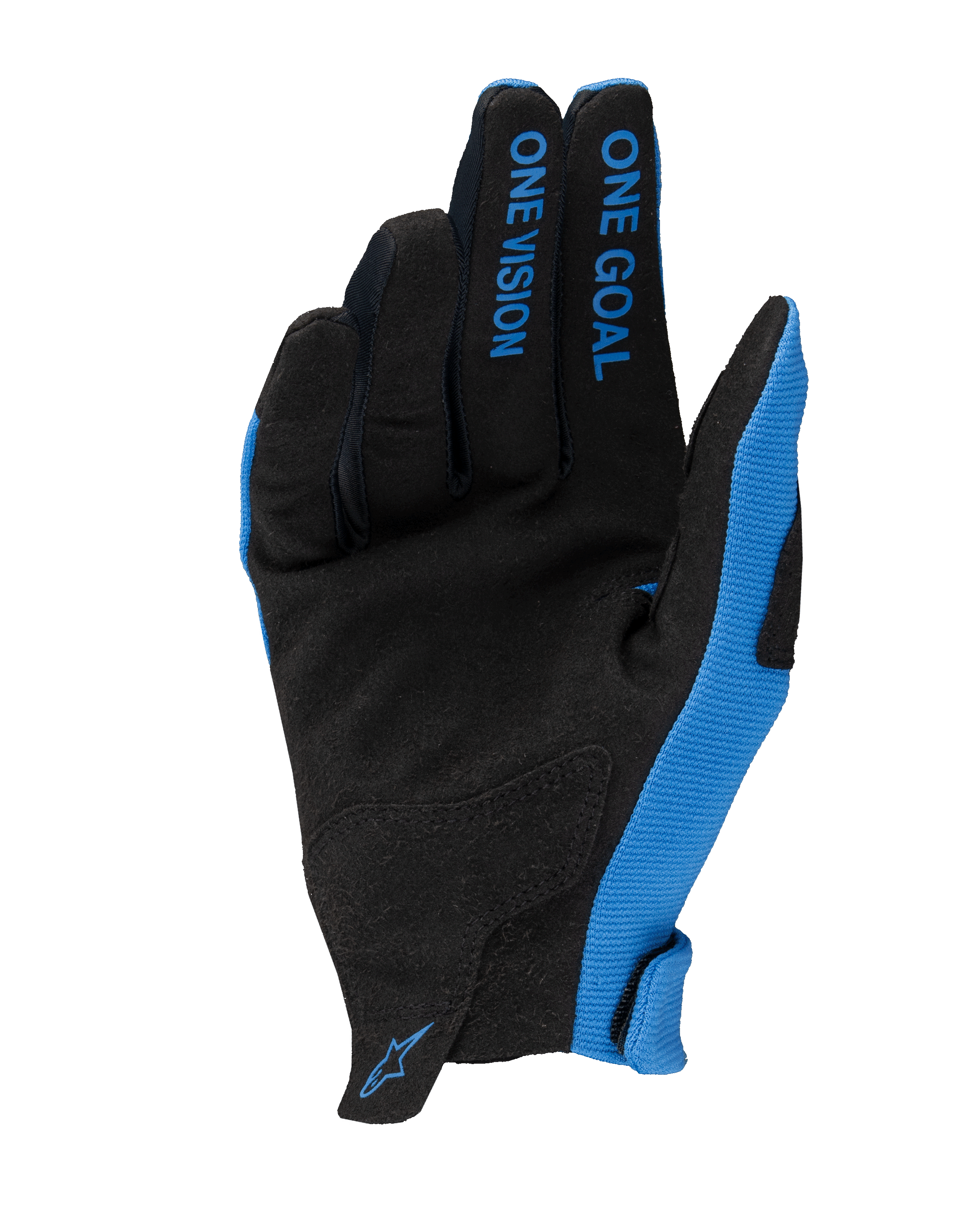 Gants Radar 2025 Alpinestars, gants de motocross, bleu et noir, vue de la paume en daim synthétique, texte 'ONE GOAL ONE VISION' sur les doigts, panneaux latéraux bleus et petit logo au poignet, design léger pour la course tout-terrain