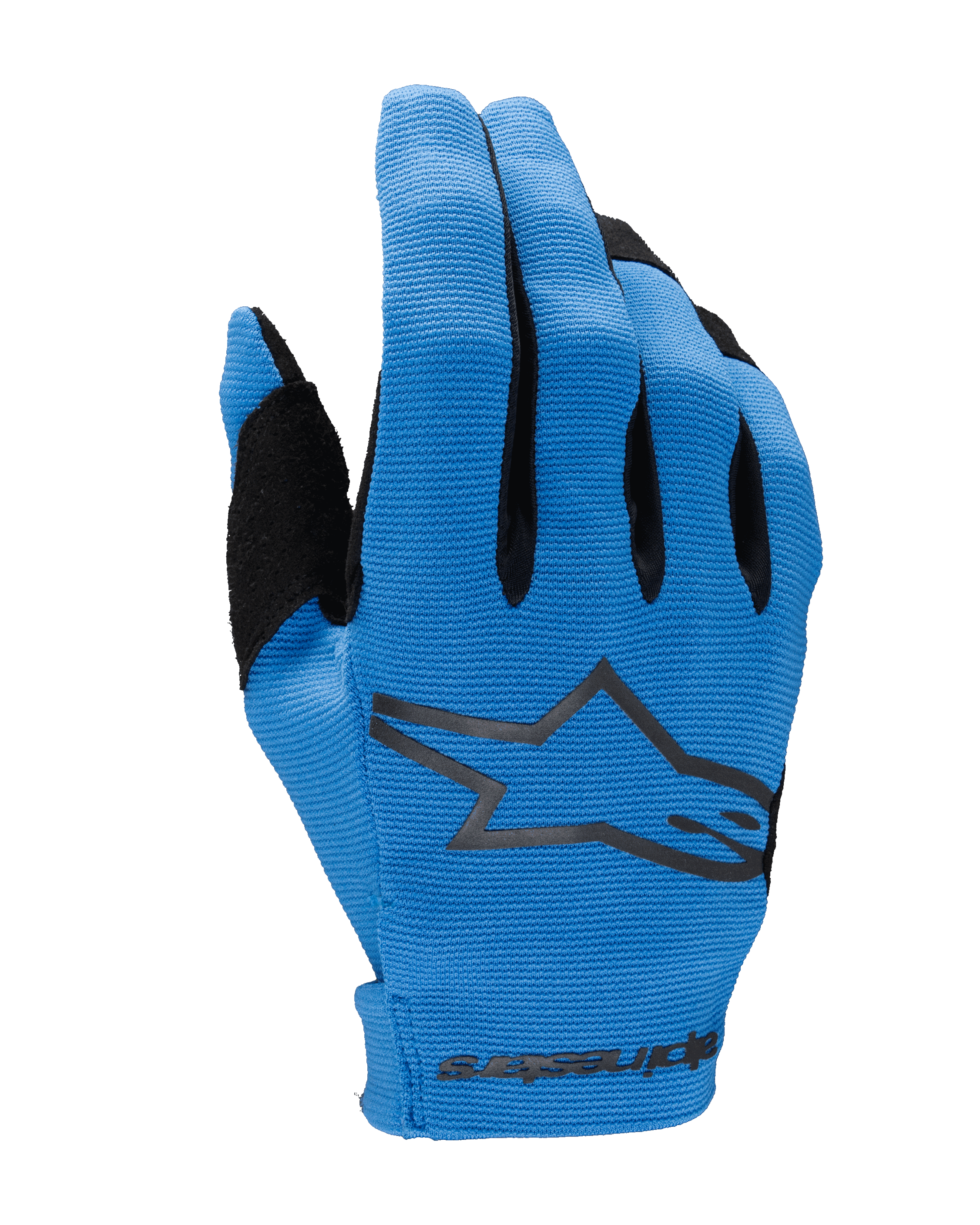 Gants Radar 2025 Alpinestars, gants de motocross, bleu et noir, vue du dos de la main avec tissu extensible texturé, grand logo étoile Alpinestars noir, zone du pouce renforcée et fermeture de poignet sans couture avec logo