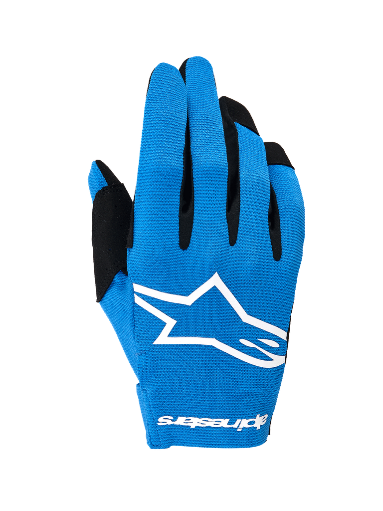 Alpinestars 2026 Radar Gloves, Motocross Gloves, Blue and White, featuring a single-layer stretch backhand with a large white Astars logo, black finger accents, lightweight performance design for off-road riding