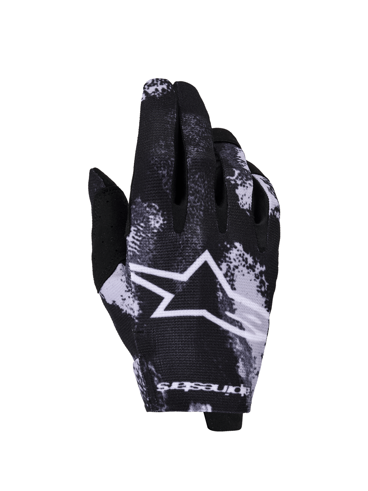 Gants Alpinestars Radar 2026, gants de motocross, Iron Camo noir et blanc, avec un grand logo en étoile blanc, motif camouflage sublimé, tissu extensible léger pour la course tout-terrain