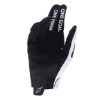Alpinestars 2025 Radar Gloves, Motocross Gloves, Haze Gray and Black, palm view showing synthetic suede material, 'ONE GOAL ONE VISION' text on index and middle fingers, white logo on wrist puller, durable off-road racing design
