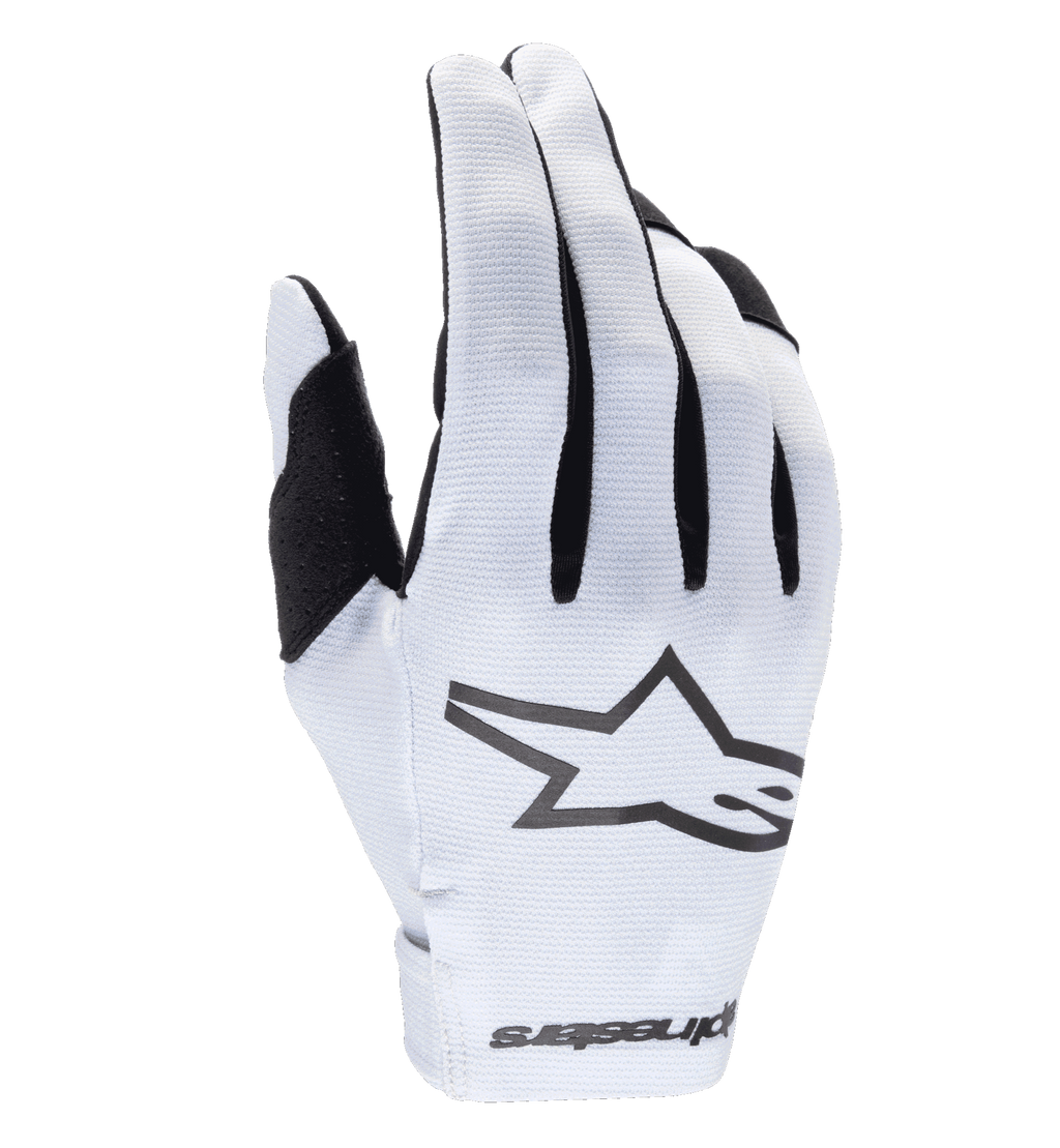 Alpinestars 2025 Radar Gloves, Motocross Gloves, White and Black, featuring a textured synthetic backhand with a prominent black star logo, black accents between fingers, seamless wrist closure with branding, lightweight form-fitting design for off-road racing