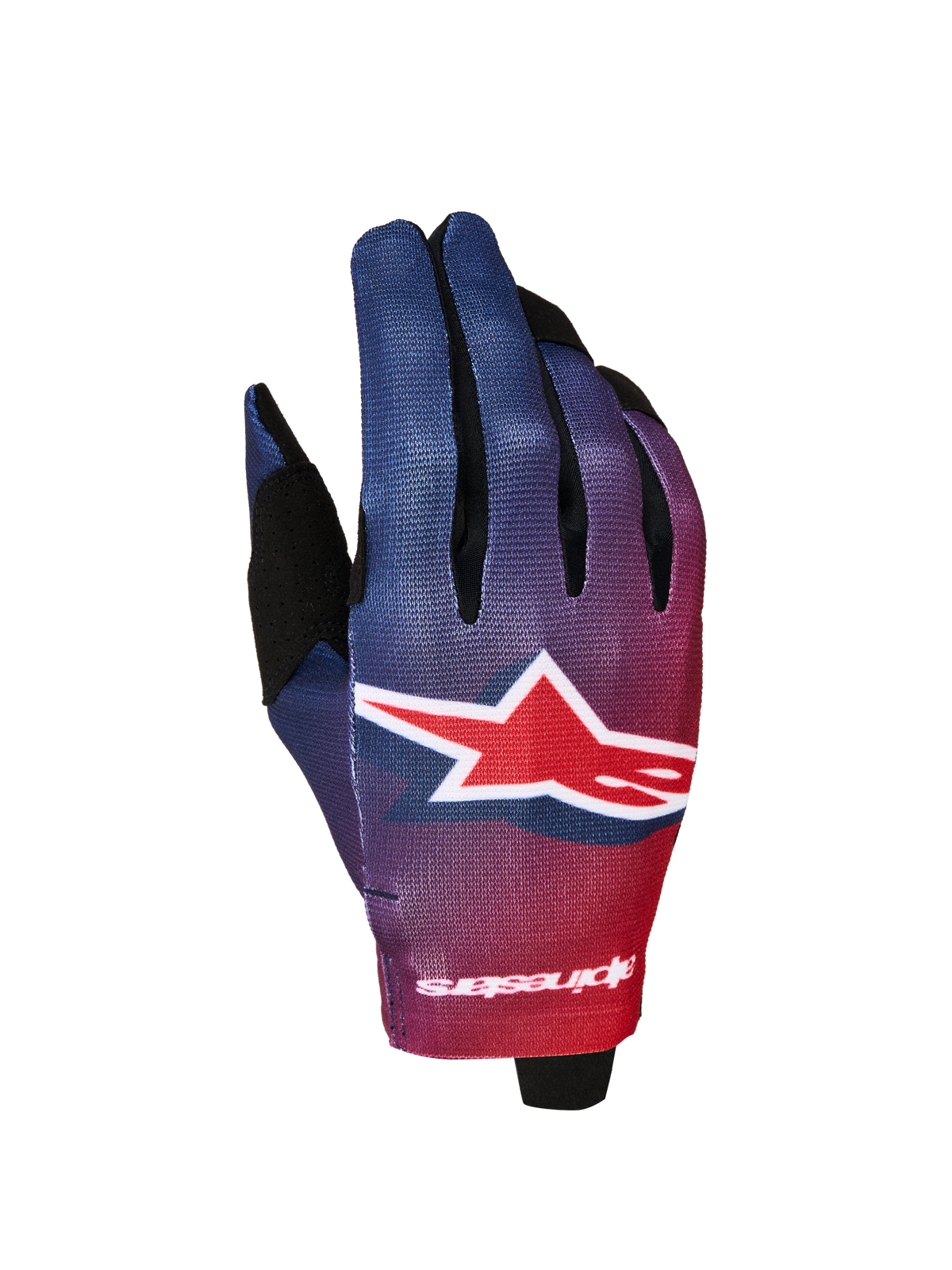 Alpinestars Radar Gloves 2027, lightweight motocross gloves in Fire Red and Deep Blue gradient with a large star logo.