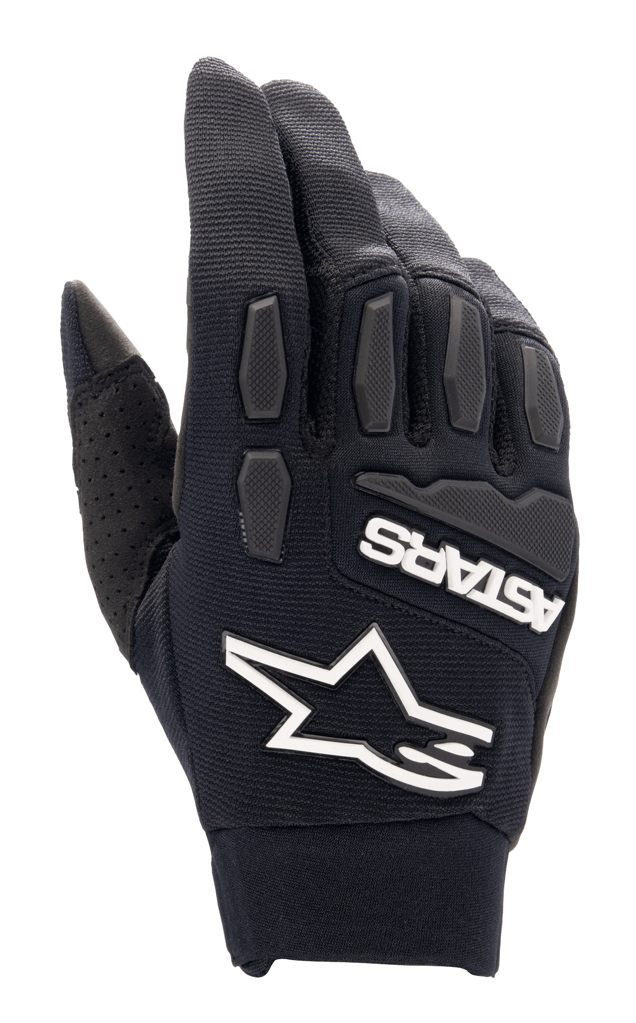 Alpinestars Full Bore XT Gloves, Black Motocross Gloves, featuring prominent white Alpinestars star logo and ASTARS branding, textured TPR knuckle and finger protection, breathable stretch fabric with perforated thumb detail, designed for enduro and off-road riding.