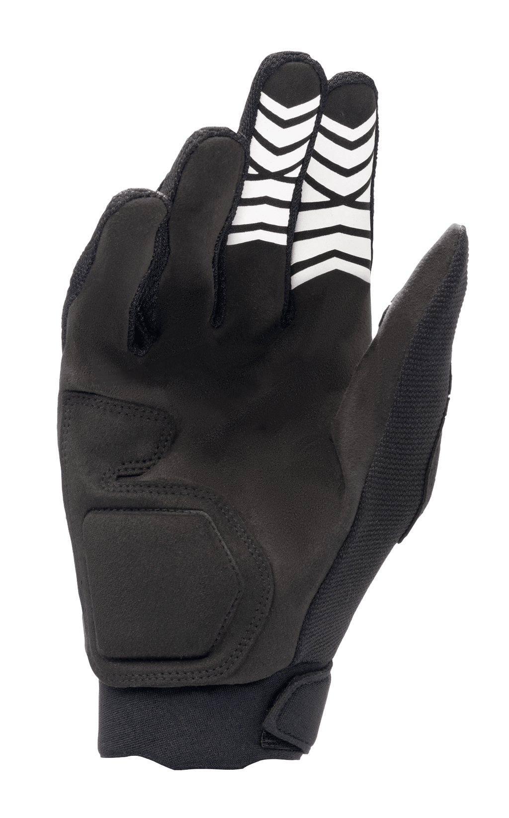 Gants Alpinestars Full Bore XT, noirs, vue de la paume montrant la construction en suédine synthétique avec motifs d'adhérence en chevrons blancs sur les doigts et fermeture ergonomique au poignet, conçus pour l'Enduro et le tout-terrain