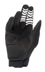 Gants Alpinestars Full Bore XT, noirs, vue de la paume montrant la construction en suédine synthétique avec motifs d'adhérence en chevrons blancs sur les doigts et fermeture ergonomique au poignet, conçus pour l'Enduro et le tout-terrain