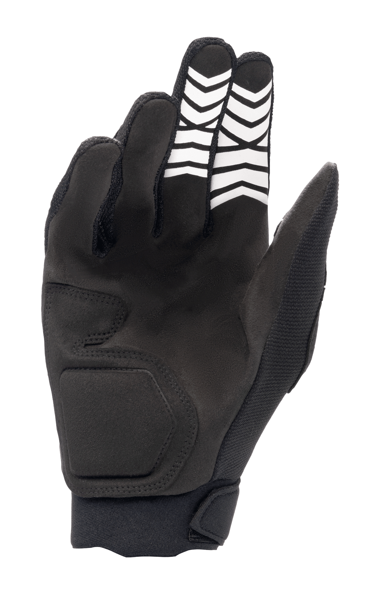 Gants Alpinestars Full Bore XT, noirs, vue de la paume montrant la construction en suédine synthétique avec motifs d'adhérence en chevrons blancs sur les doigts et fermeture ergonomique au poignet, conçus pour l'Enduro et le tout-terrain