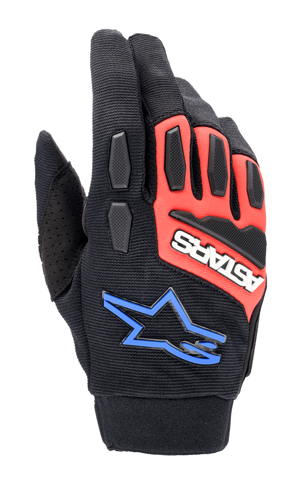 Gants Alpinestars Full Bore XT, gants de moto tout-terrain, noir, rouge éclatant et bleu, avec protections TPR aux articulations et aux doigts, tissu extensible respirant, logo ASTARS blanc sur empiècement rouge et logo étoile bleu