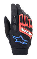 Gants Alpinestars Full Bore XT, gants de moto tout-terrain, noir, rouge éclatant et bleu, avec protections TPR aux articulations et aux doigts, tissu extensible respirant, logo ASTARS blanc sur empiècement rouge et logo étoile bleu