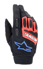 Gants Alpinestars Full Bore XT, gants de moto tout-terrain, noir, rouge éclatant et bleu, avec protections TPR aux articulations et aux doigts, tissu extensible respirant, logo ASTARS blanc sur empiècement rouge et logo étoile bleu
