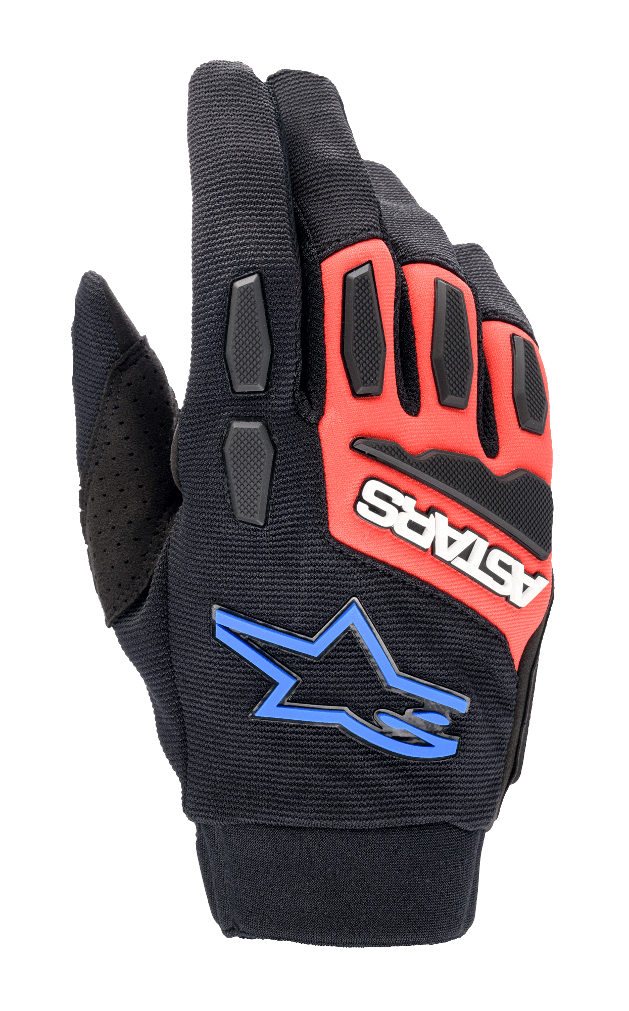 Gants Alpinestars Full Bore XT, gants de moto tout-terrain, noir, rouge éclatant et bleu, avec protections TPR aux articulations et aux doigts, tissu extensible respirant, logo ASTARS blanc sur empiècement rouge et logo étoile bleu