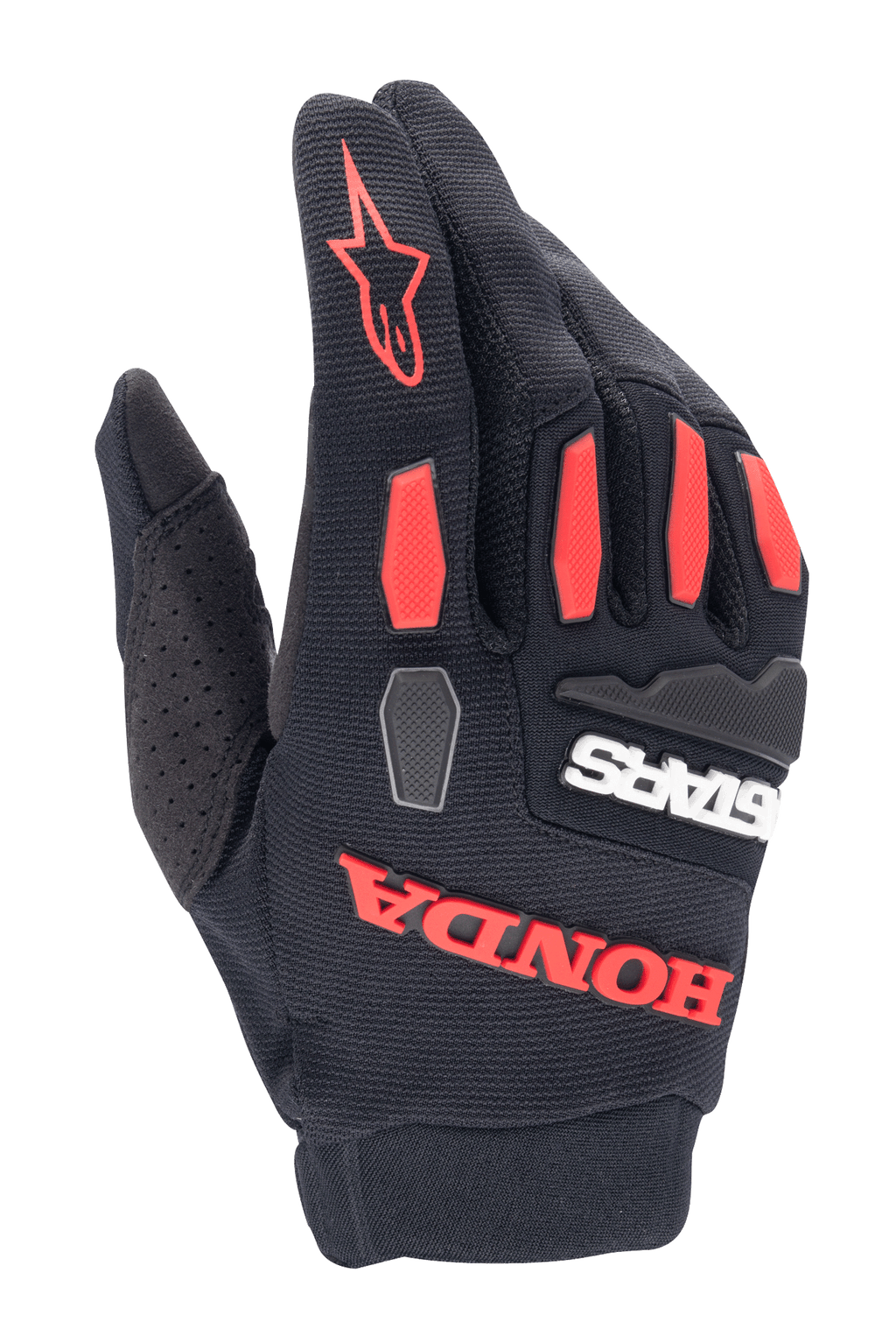 Gants Alpinestars Honda Full Bore, gants de motocross, noir et rouge vif, avec protections de phalanges en TPR et marquage Honda caoutchouté, construction en textile extensible respirant pour le pilotage tout-terrain