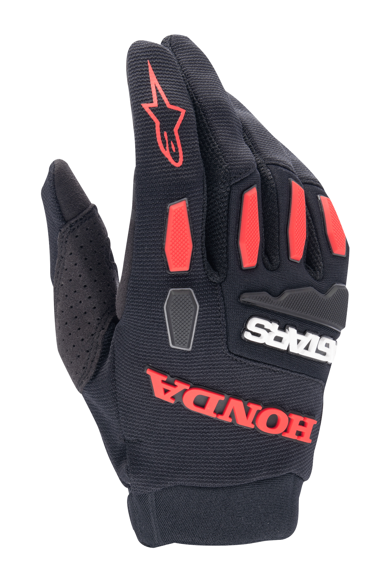 Gants Alpinestars Honda Full Bore, gants de motocross, noir et rouge vif, avec protections de phalanges en TPR et marquage Honda caoutchouté, construction en textile extensible respirant pour le pilotage tout-terrain