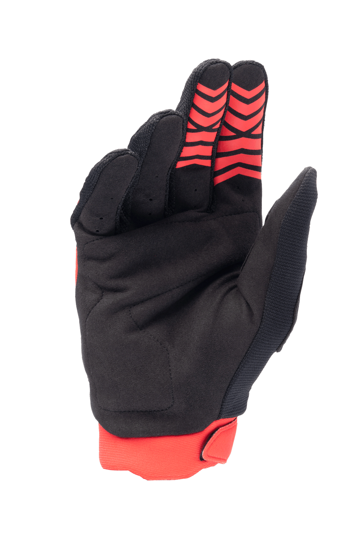 Alpinestars Honda Full Bore Gloves, Motocross Gloves, Bright Red and Black, palm view featuring synthetic suede material and red silicone grip patterns on fingertips, red stretch cuff, durable design for off-road racing