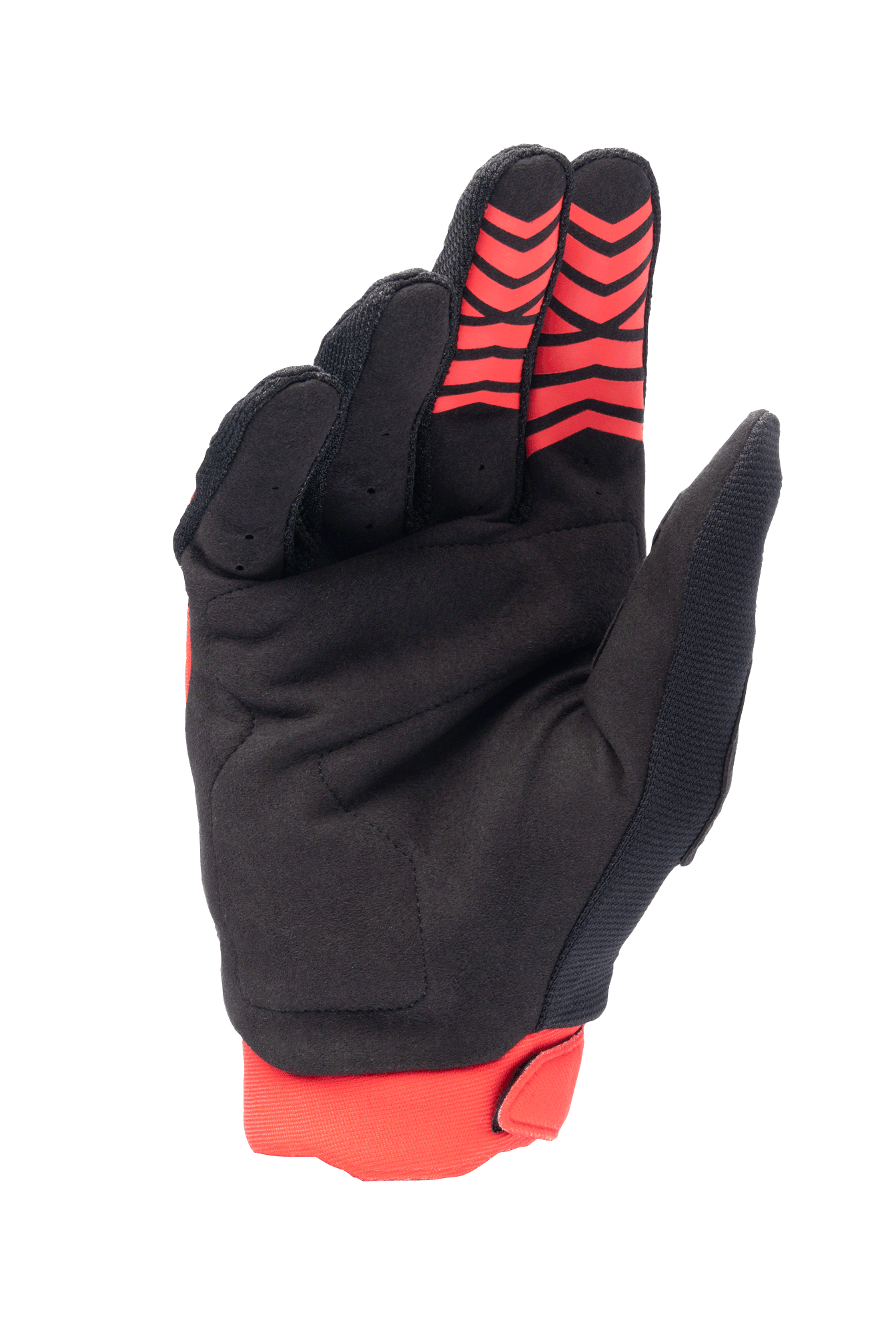 Gants Alpinestars Honda Full Bore, gants de motocross, rouge vif et noir, vue de la paume en suède synthétique avec motifs d'adhérence en silicone rouge sur le bout des doigts, poignet extensible rouge, conception durable pour le pilotage tout-terrain