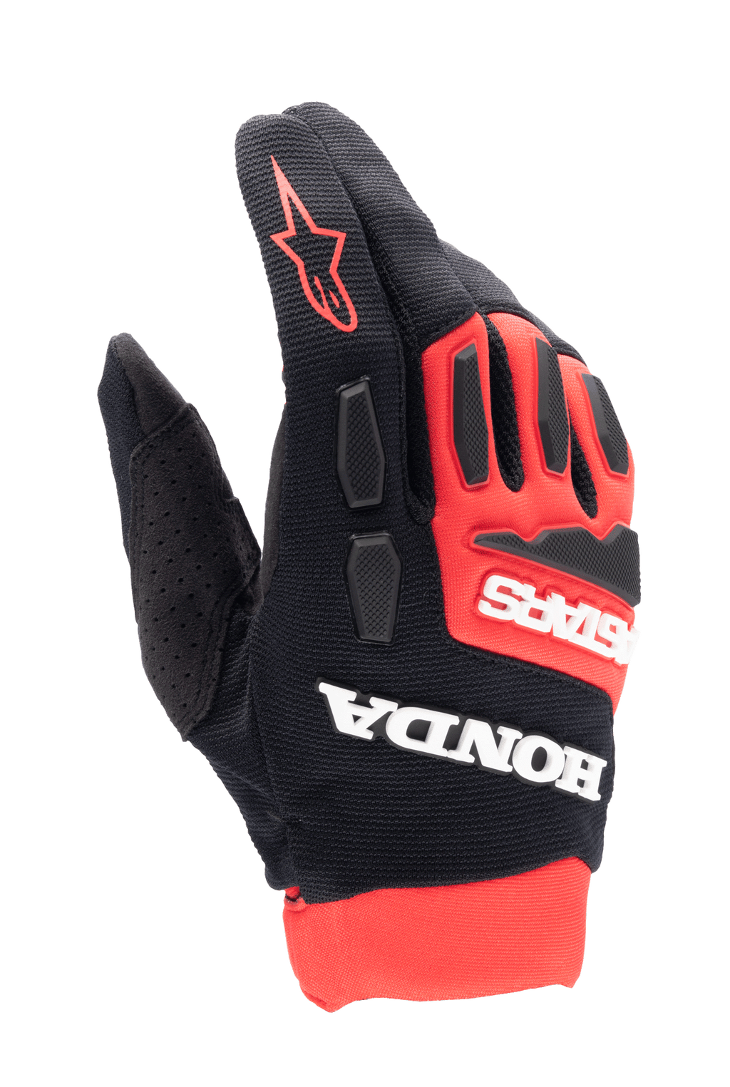 Gants Alpinestars Honda Full Bore, gants de motocross, rouge vif et noir, marquage Honda et Astars blanc, protections de phalanges en TPR, construction en textile extensible respirant, logo étoile rouge sur le doigt, design de course tout-terrain sportif