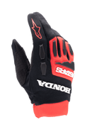 Gants Alpinestars Honda Full Bore, gants de motocross, rouge vif et noir, marquage Honda et Astars blanc, protections de phalanges en TPR, construction en textile extensible respirant, logo étoile rouge sur le doigt, design de course tout-terrain sportif