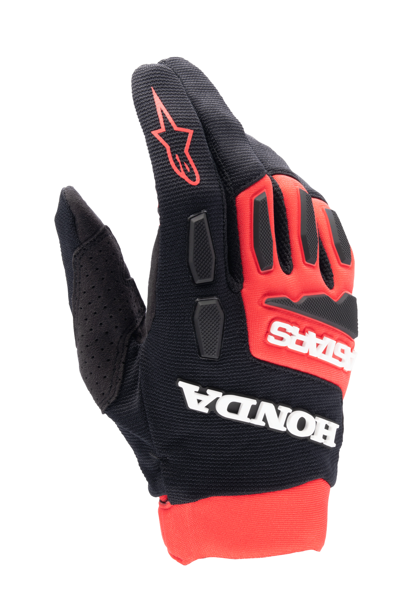Gants Alpinestars Honda Full Bore, gants de motocross, rouge vif et noir, marquage Honda et Astars blanc, protections de phalanges en TPR, construction en textile extensible respirant, logo étoile rouge sur le doigt, design de course tout-terrain sportif