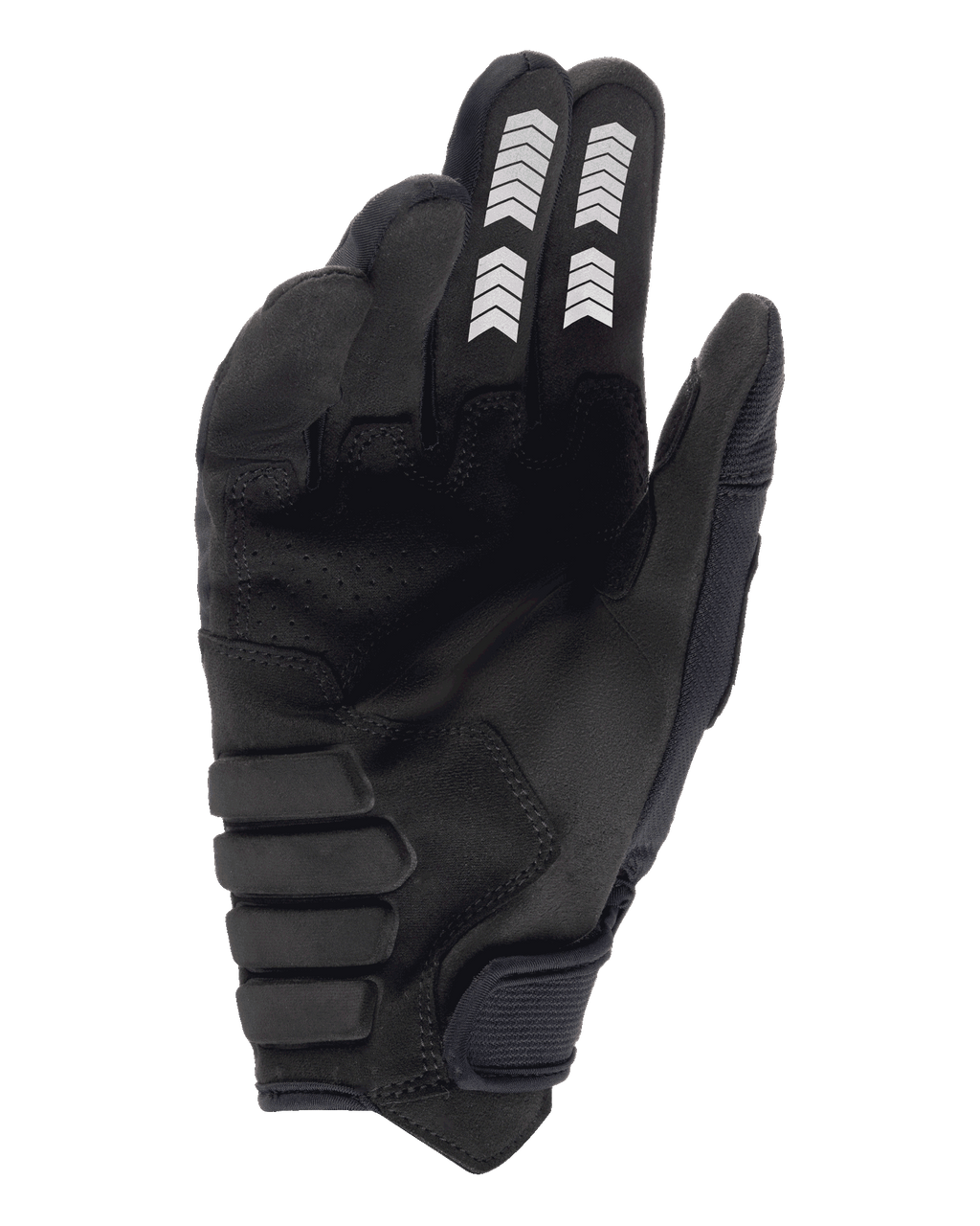 Gants Alpinestars Techdura, gants d'enduro, noir, vue de la paume en suédine synthétique, motifs de chevrons blancs sur l'index et le majeur, paume rembourrée renforcée et sangle de poignet auto-agrippante
