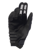 Gants Alpinestars Techdura, gants d'enduro, noir, vue de la paume en suédine synthétique, motifs de chevrons blancs sur l'index et le majeur, paume rembourrée renforcée et sangle de poignet auto-agrippante