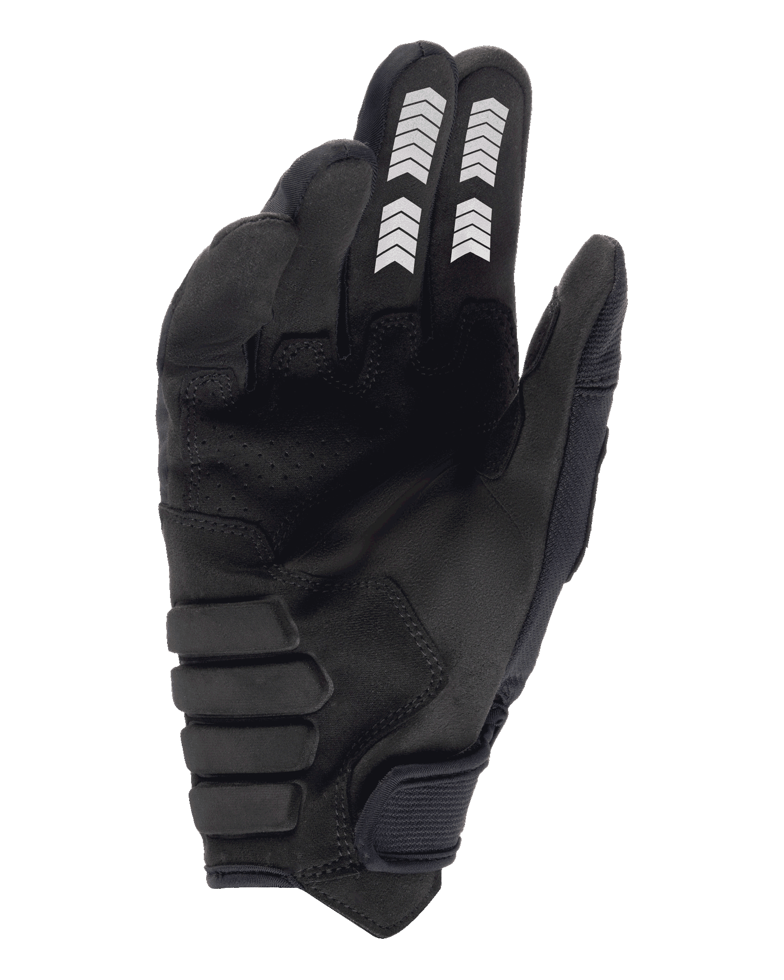 Gants Alpinestars Techdura, gants d'enduro, noir, vue de la paume en suédine synthétique, motifs de chevrons blancs sur l'index et le majeur, paume rembourrée renforcée et sangle de poignet auto-agrippante